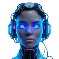 Humanoid robot head with glowing blue eyes and intricate mechanical details, on transparent background. Perfect for projects involving AI, robotics, futuristic technology and sci-fi. png