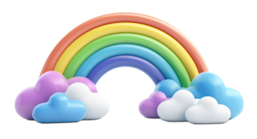 Vibrant rainbow arching over soft, colorful clouds, on transparent background. Ideal for children's designs, nursery decor, fantasy themes. Playful element, cut out, 3D style. png