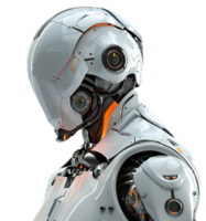 Futuristic robotic head with mechanical details and orange lights, on transparent background. Ideal for technology-related projects, AI concepts, robotics, futuristic designs. png