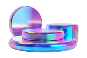 Glossy holographic podiums group on transparent background. Modern futuristic mockup for product display. Cut out pedestal or platform. Empty scene. Y2k, 2000s style. Color gradient. png