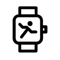 A black and white icon of a watch with a person running vector