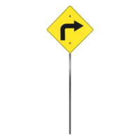 Yellow curve right traffic sign in a 3D rendering environment png