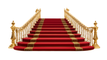 grand red carpet staircase with gold railings isolated on transparent background png