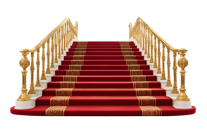 Grand Staircase with Red Carpet and Gold Railings Isolated on Transparent Background png