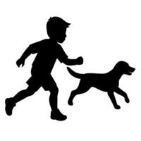 A silhouette of a boy and dog running together vector