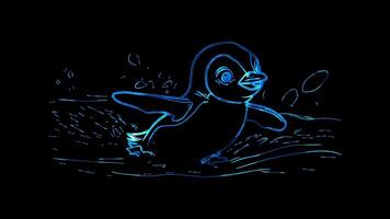 Neon frame effect, Adorable Penguin on Ice on black background video