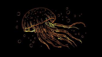 Neon frame effect, Happy Jellyfish with Tentacles on black background video