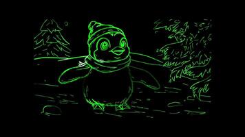 Neon frame effect, Adorable Penguin on Ice on black background video