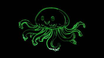Neon frame effect, Happy Jellyfish with Tentacles on black background video