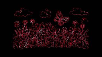 Neon frame effect, meadow filled with smiling flowers, buzzing bees, and a happy butterfly on black background video