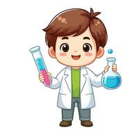 A cartoon boy holding a test tube and a flask vector