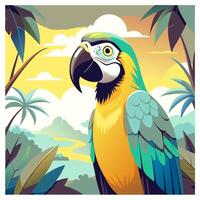 Beautiful color illustration with a parrot in the jungle sitting on a branch vector