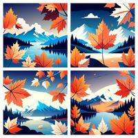 Set of color illustrations on autumn theme with leaves and mountains vector