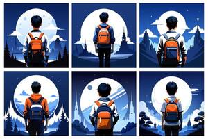 Set of illustrations on the autumn theme with a student and a backpack vector