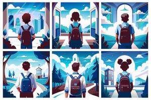 Set of color illustrations on the autumn theme with a student and a backpack vector