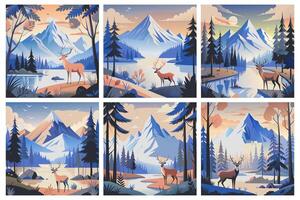 Set of color illustrations on an autumn theme with a deer in the forest vector