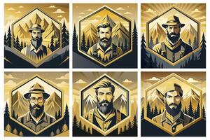 A set of illustrations with a hipster in the mountains vector
