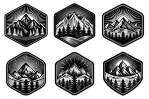 Set of monochrome templates with mountains, forest and tent on white background vector