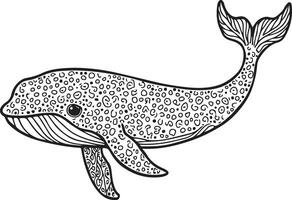 A cute boho whale coloring page with an elegant patterned monochrome style vector