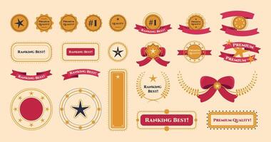 Set of golden award luxury design elements with red ribbons, stars, golden frames and numbers, laurel branches and decorations. illustration. vector