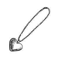 A heart-shaped pendant on a chain. Jewelry. A black and white graphic illustration made by hand. Isolate on a white background. Design element of a flyer, banner, poster. vector