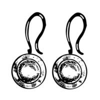 Earrings with a precious stone. A black and white graphic illustration made by hand. Jewelry. Isolate on a white background. Design element of a flyer, banner, poster. vector