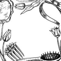 A frame with hair accessories. Comb-hairpin, comb-brush, headband, mirror. A black and white illustration in the style of graphics, made by hand. The template is on a white background. vector