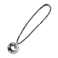 The pendant is round on a chain, with a stone. Jewelry. A black and white graphic illustration made by hand. Isolate on a white background. Design element of a flyer, banner, poster. vector