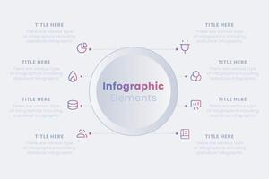 Modern neumorphic infographic design template. Ring-like chart with 8 steps of manufacturing cycle. vector