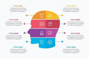 Brain infographic design template with 8 steps, human head learn diagram, design thinking process chart infographic, study presentation. vector
