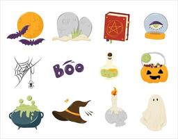 Halloween cute elements set. Ghost, a candy pumpkin, a spider web, a potion and spell book etc. Isolated on the white background. EPS 10 vector