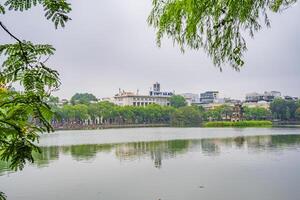 Hanoi, Vietnam - 26 June 2024 Turtle Tower Thap Rua in Hoan Kiem lake Sword lake, Ho Guomn in Hanoi, Vietnam. photo