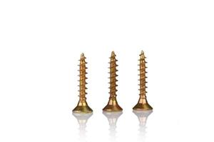 macro screw of golden color on a white background photo