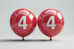 Twin Crimson Balloons Displaying the Number Four. photo