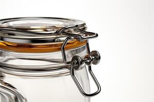 Illuminated Glass Jar With Rustic Metal Handle. photo