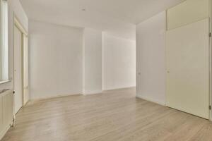 An empty room with white walls and wooden floors photo