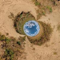 blue hole sphere or globe little planet inside sand or dry ground frame background with tractor tracks photo