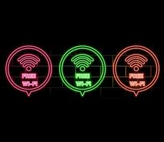 Free Wifi neon signboard on brick wall. Colorful internet badge for cafe and bar. Circle badge with ribbon. Outer glowing effect poster on brick wall. Editable stroke. stock illustration vector