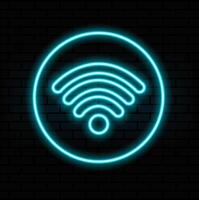 Glowing neon line Wi-Fi wireless internet network symbol icon isolated on brick wall background. Colorful outline concept. vector