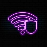 Set line Key, Lock on computer monitor screen and Shield with WiFi wireless internet network icon. Glowing neon. vector