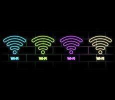 Neon glowing sign with free wifi network access on black background. Computer graphics of electric luminous billboard, banner from purple yellow neon tubes. Neon signboard of zone hotspot internet. vector