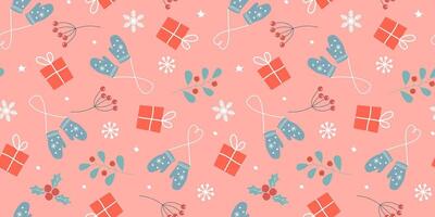 Seamless pattern with abstract boxes of gifts on a background of snowflakes, red berries, poinsettias, and mittens. Winter holiday print. vector