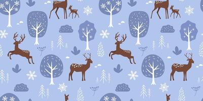 Seamless pattern with deer silhouettes on the background of forest, trees, snowflakes. Winter abstract nature print. vector