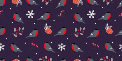 Seamless pattern with bullfinches on the background of snowflakes, winter berries, rowan, cones. vector