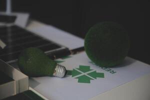 Green energy business company meeting with business people planning and discuss marketing of sustainable and renewable clean energy product with solar cell and wind turbine generator. Trailblazing photo