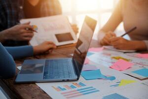 Team of business people working together in the meeting room office, teamwork background charts and graphs banner, double exposure successful teamwork,business planning concept. photo