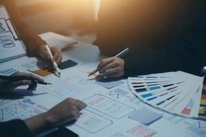 Professional interior designer at workplace in office, closeup photo