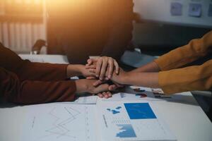 Hand join together for work togetherness, Hand stack for business and service, Team volunteering or teamwork. Concept connection of community and charity. Group of business workforce participation. photo
