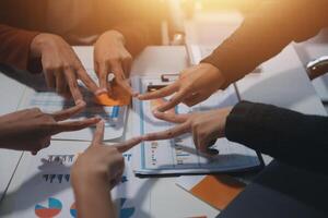 Hand join together for work togetherness, Hand stack for business and service, Team volunteering or teamwork. Concept connection of community and charity. Group of business workforce participation. photo