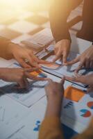 Hand join together for work togetherness, Hand stack for business and service, Team volunteering or teamwork. Concept connection of community and charity. Group of business workforce participation. photo